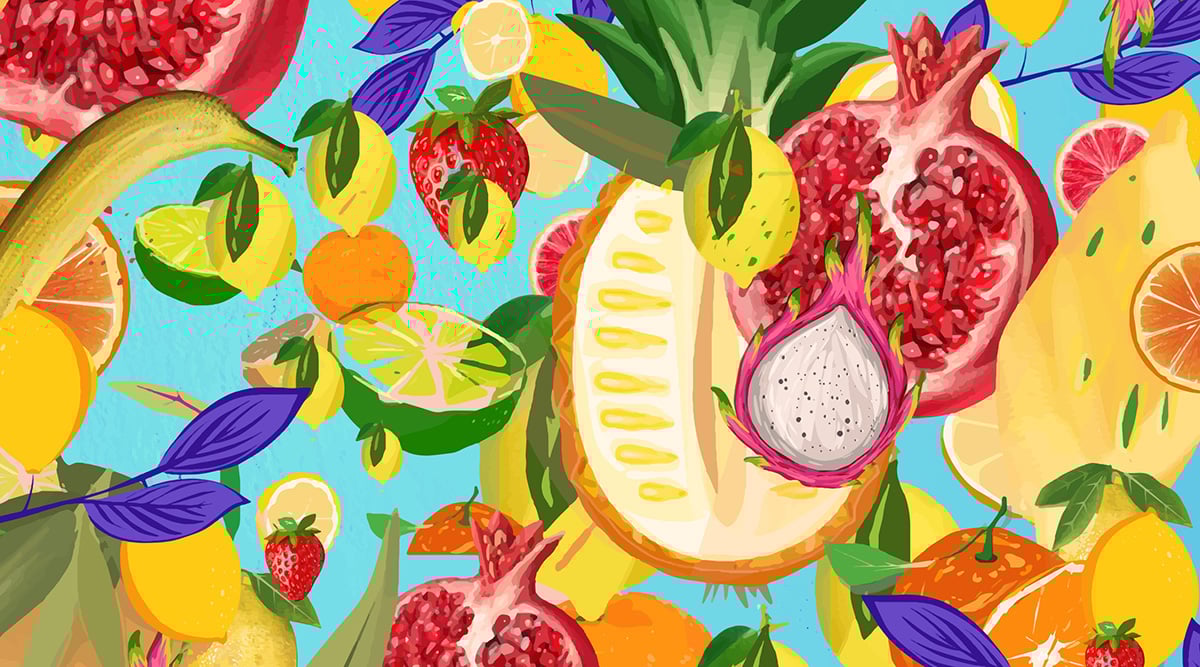 A colorful assortment of fruit illustration.