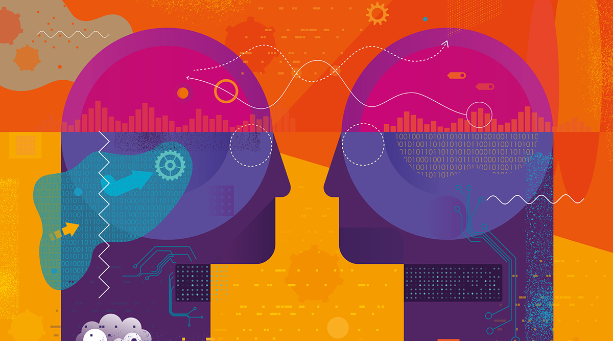 Omnivore logo. Abstract, colorful illustration of two heads facing each other