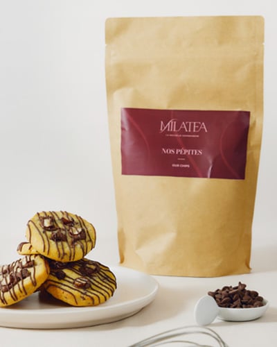 Milatea brand powders, fillings, and inclusions derived from the fermentation of fava beans and plant fibers.