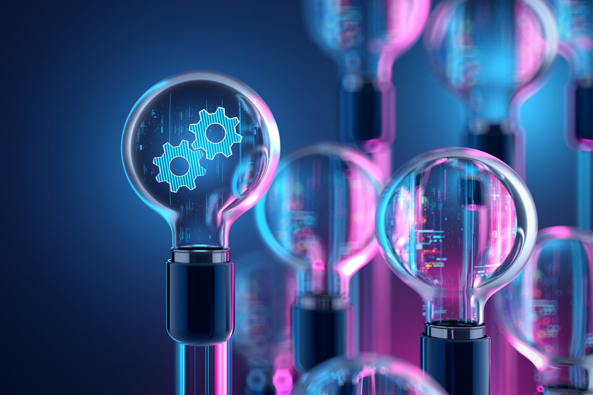 Group of conceptual light bulb. Machine Learning Concepts. AI - Artificial Intelligence.