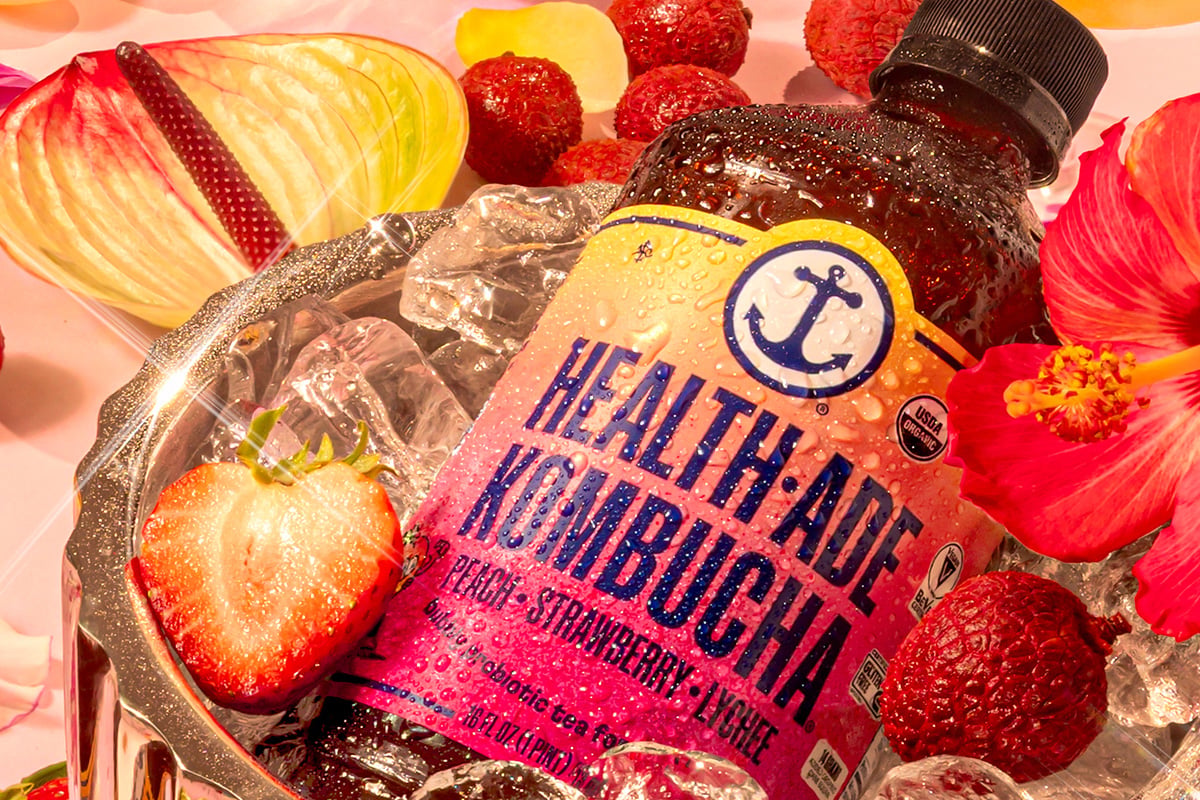 Health-Ade Peach Strawberry Lychee flavor kombucha
