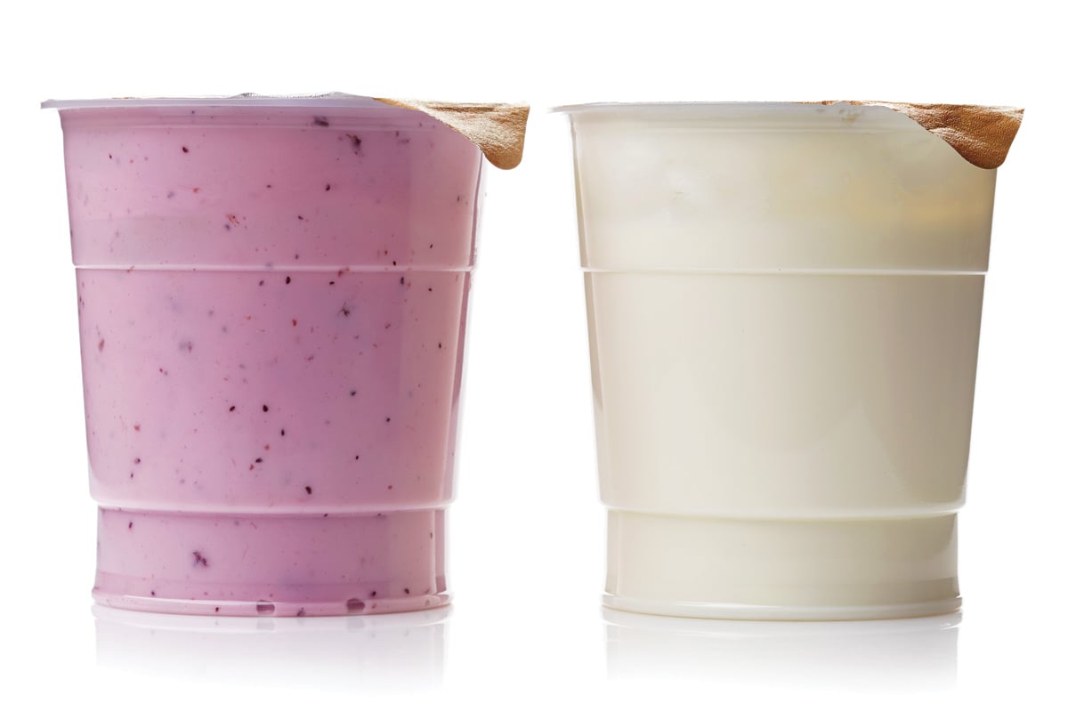 Two various plastic yogurt pots.
