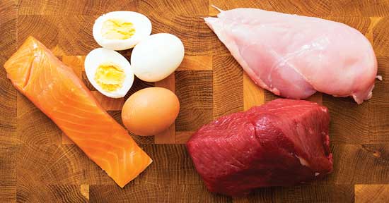 Salmon, eggs, chicken and beef