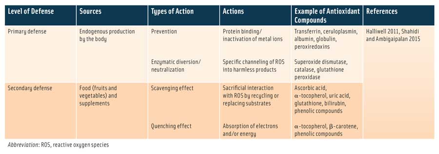 Table 1. Classification of different antioxidant defense systems in the human body according to their mechanism of action.