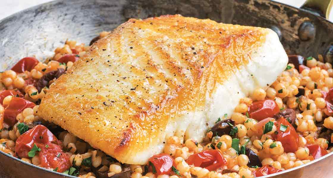 Pan-Seared Halibut with Tomato Basil Couscous