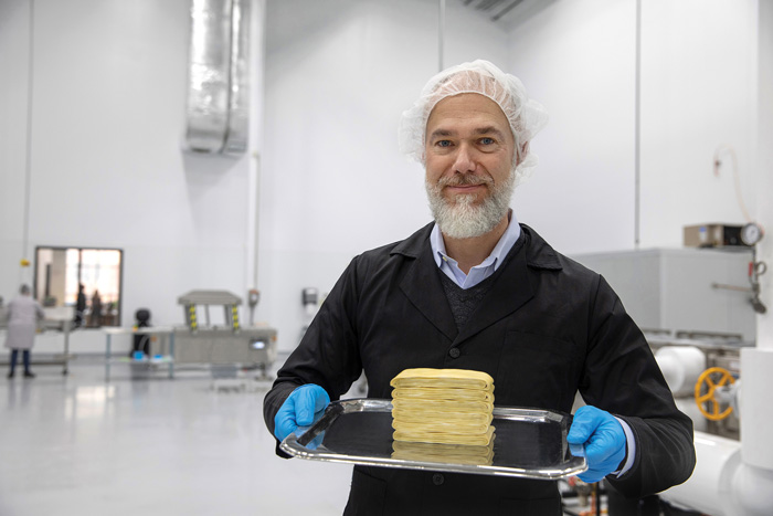 Nature’s Fynd CEO Thomas Jonas shows off the company’s protein ingredient produced from a microorganism discovered at Yellowstone National Park
